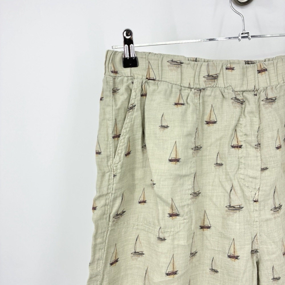 Cut Loose Women Size XL Pants Capri Crop Wide Leg Green Sail Boat Print Linen - Picture 2 of 8